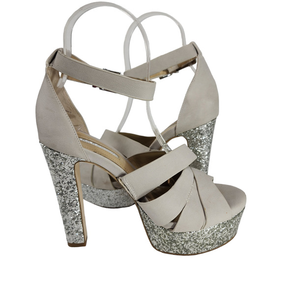BCBG Womens Platform Sandals sz 6 M Alpine Cream Faux Leather Silver Glitter 5" - Picture 5 of 12